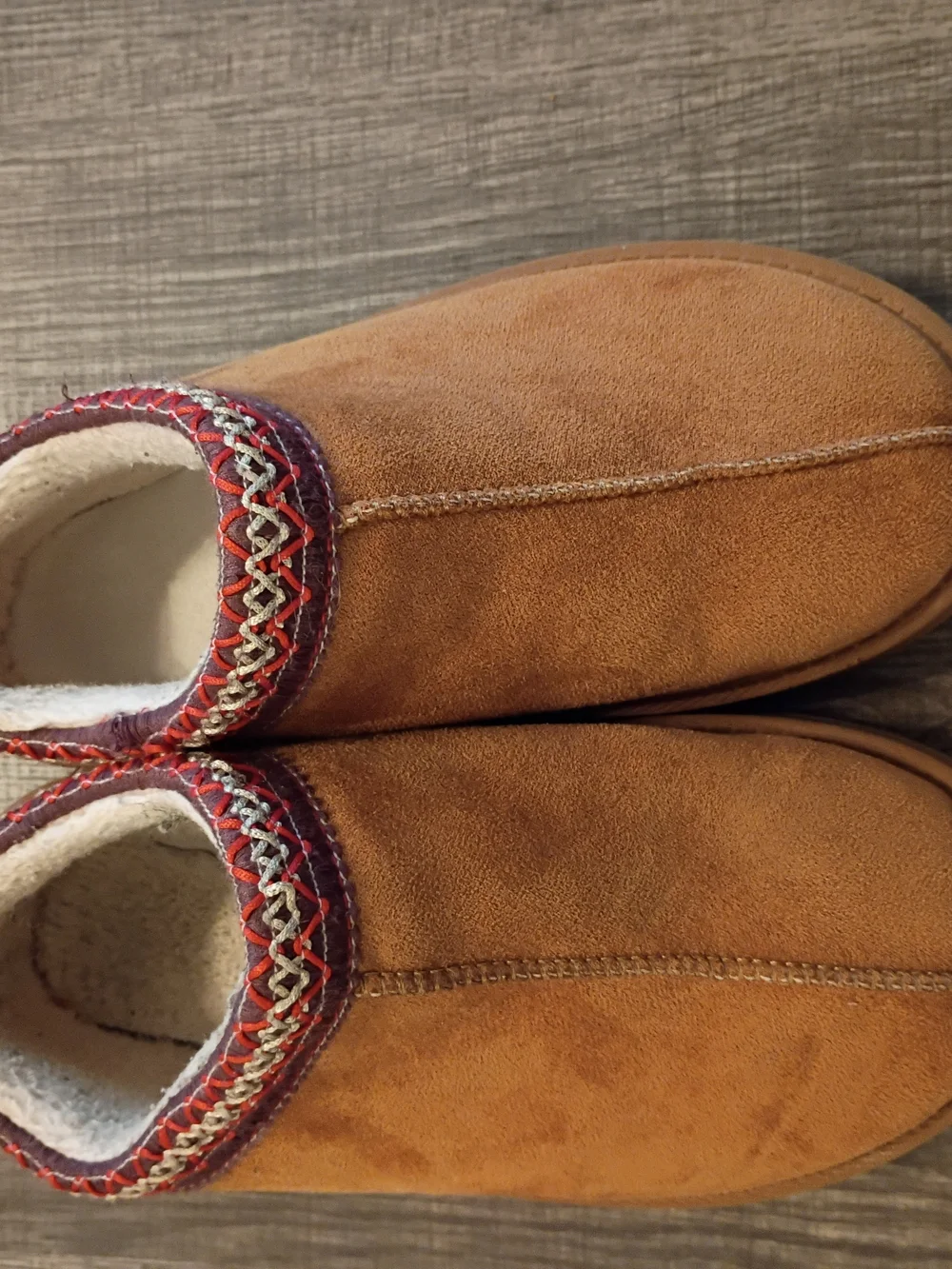 Kids Cozy Tan Suede Slip-On Slippers with Decorative Trim